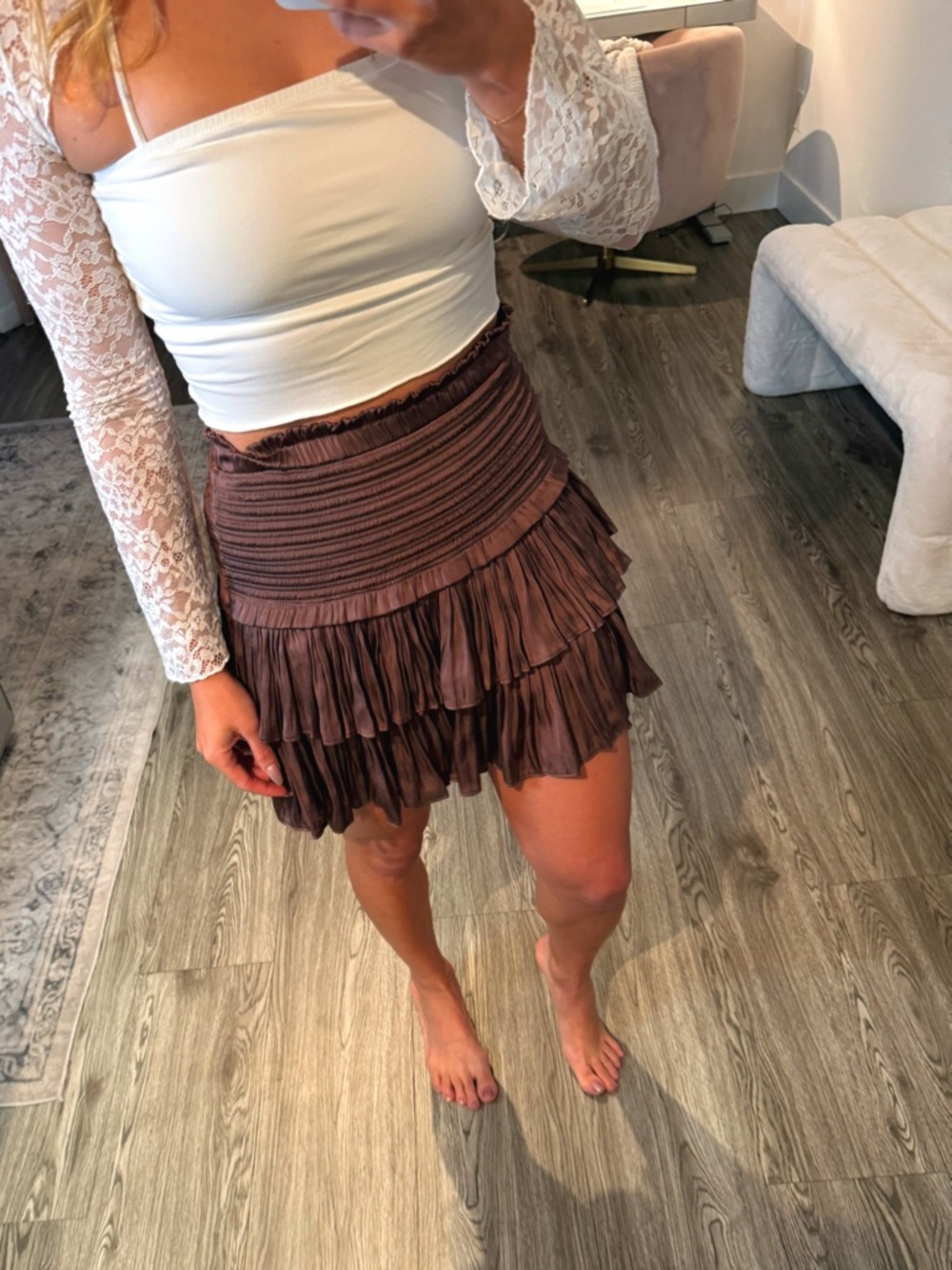 Ruffled Tiered Mini Skirt in Chocolate Brown